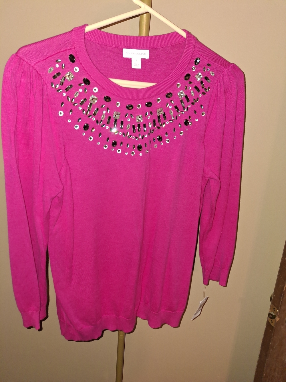 Charter Club Embelished Fuchsia Pink Crewneck Sweater